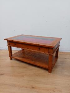 Solid wood living room coffee table with glass and drawer - mid-20th century