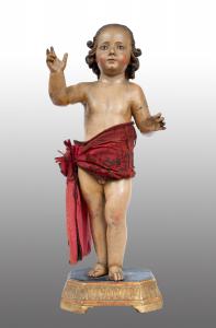Scultura antica Napoletana in legno policromo raffigurante Bambino Benedicente. Periodo XVIII secolo.