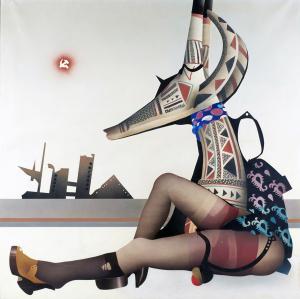 Giuseppe Guerreschi, "Mädchen, Skulptur und Landschaft", Öl auf Leinwand, 1975