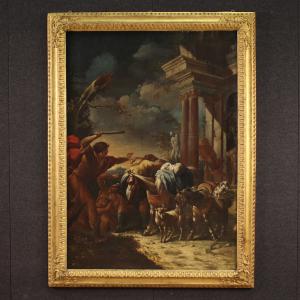 Dipinto italiano del XVIII secolo, Mosè scaccia i pastori e difende le figlie di Jetro