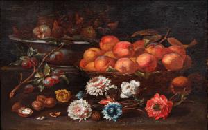 Natureza morta com figos, pêssegos, uvas e flores