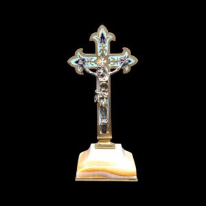 Small bronze and enamel crucifix with alabaster base.