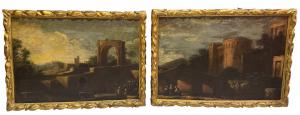 COPPIA DI PAESAGGI CON CAPRICCI ARCHITETTONICI – OLIO SU TELA, XVIII SECOLO