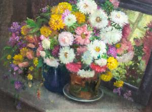 Giuseppe Sobrile, "Blumenvasen mit Spiegel", Öl auf Presspappe, signiert, 1955