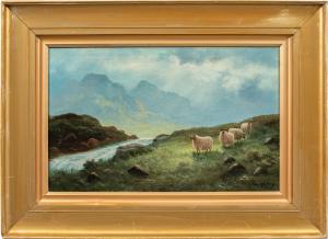 F. W. Kirtley (British, XIX sec.) - Paesaggio montano con pecore.
