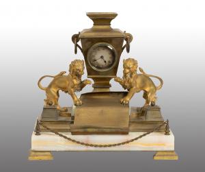 Ancien encrier avec horloge intégrée Napoléon III en bronze doré et onyx. France XIXe siècle.