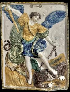 Targa-Formella devozionale in maiolica raffigurante San Michele arcangelo. Imola o Faenza.