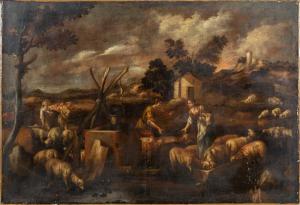 Paesaggio con pastori e armenti, olio su tela, scuola genovese secolo XVII