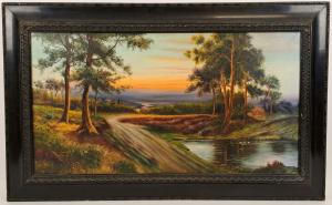 HILLSIDE LANDSCAPE AT SUNSET WITH STREAM - OIL ON CANVAS - 20TH CENTURY