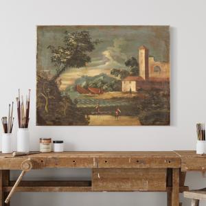 Antiga pintura italiana a óleo sobre tela do século XVIII, representando uma cena marítima.