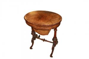 1800s Irish work table in walnut and walnut burl with inlays