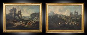 Par de pinturas antigas a óleo sobre tela com molduras coevas retratando a ponte Mammolo e uma paisagem romana com ruínas atribuídas a "Domenico Brandi". Nápoles, início do século XVIII.