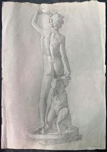 Desenho a lápis e branco de chumbo sobre papel retratando figura neoclássica. Arturo Pietra. Bolonha.