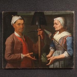Antico dipinto lombardo del XVII secolo, scena di genere con contadini