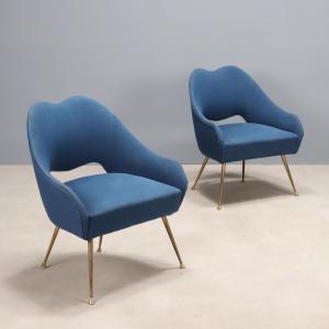 Due Poltroncine Anni '50 '60 Rivestimento in Tessuto Blu del Periodo
