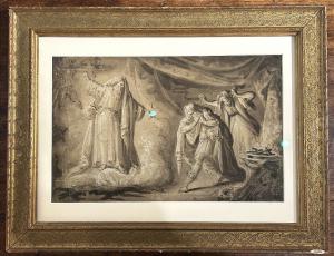 Witchcraft scene, ink and white lead on paper. 17th-century Nordic artist.