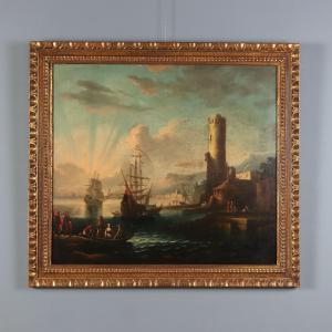 Dipinto Scena di Porto Olio su Tela XVIII secolo