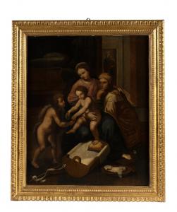 Olio su tavola. Sacra famiglia con Sant’Anna e San Giovannino . XVI secolo. 76 x 63