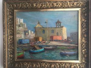 Ischia Marina, oil on canvas cardboard, mid-20th century