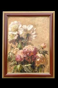 Ölgemälde auf Leinwand, das Blumen darstellt. Signiert.