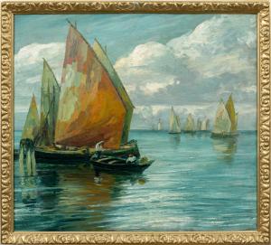 Vittorio Matiolin (aktiv in Venedig Anfang des 20. Jahrhunderts) - Bragozzi mit Segeln in der Lagune.
