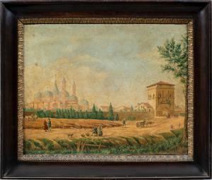 Venezianischer Maler (19. Jh.) - Ansicht von Padua von Porta Liviana mit der Basilika des Heiligen Antonius im Hintergrund.