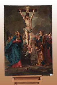 Norditalienisches Ölgemälde auf Leinwand aus dem 18. Jahrhundert, das die Kreuzigung Jesu darstellt