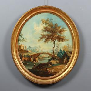 Dipinto Paesaggio con Fiume e Figure