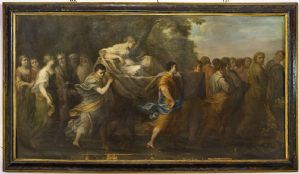 Esplêndida grande pintura veneziana com moldura marmorizada contemporânea retratando um "Cortejo Nupcial" do século XVII.