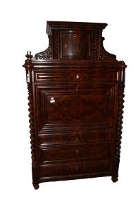 Antico secretaire Biedermeier in mogano e piuma di mogano del 1800