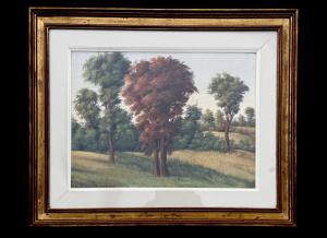 Dipinto tempera su cartoncino con paesaggio boschivo.Firma Bruno Furlotti.