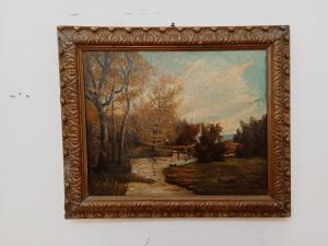 Quadro olio su tela paesaggio campagna con fiume - Galbusera Giovacchino - 900