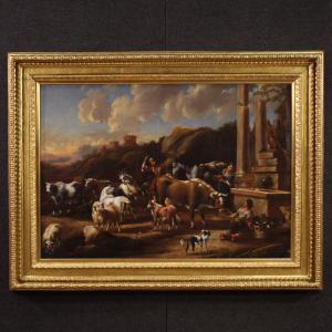 Grande pintura do século XVIII, cena pastoral com ruínas clássicas