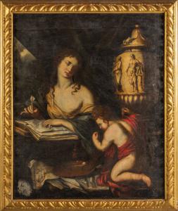 Allegorie des Schreibens, Öl auf Leinwand, Rahmen aus geschnitztem und vergoldetem Holz, italienische Schule, 17. Jahrhundert