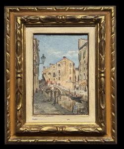 Dipinto tempera su cartoncino  raffigurante veduta veneziana.Firmato.