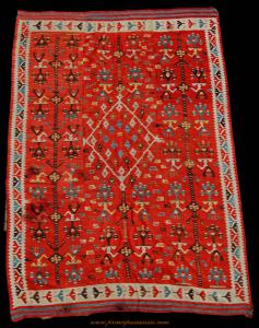 Raro Kilim, tessuto piatto dell'Anatolia centrale dell'ultimo terzo ottocento, dall'arcaica simbologia, nomadi Yörük o Malatya / Adiyaman