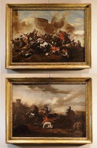 Coppia di battaglie tra cavalieri imperiali e turchi, Jacques Courtois il Borgognone (Saint Hippolyte 1621 - Roma 1676) attribuibile  