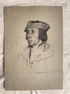 Desenho a lápis sobre papel representando o rosto de um jovem renascentista. Achille Briani. Bolonha.