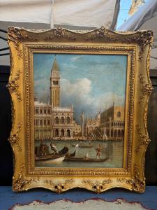 Quadro rappresentante veduta di Venezia con personaggi, olio su tela, misure 80x97H
