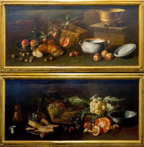 Carlo Magini (Fano PU 1720 1806) Nature morte di pani, frutta, verdure e vasi, coppia di oli su tela