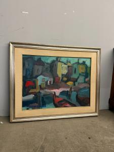 Materialbild Landschaft Häuser modern 60er Jahre, 80x60cm