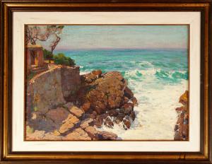 Waves on the rocks, oil on canvas signed Romolo Pergola