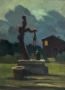 Renato Natali – Night Landscape with Well and Farmhouse, Oil on Board