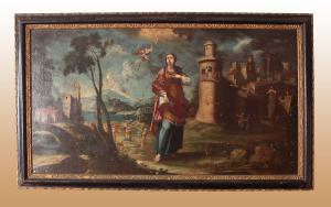 Großes Ölgemälde auf Leinwand mit Darstellung der Heiligen Barbara aus dem 18. Jahrhundert