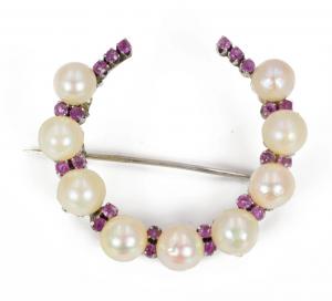 White gold brooch with pearls and rubies, 1950s