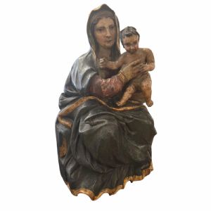 Favolosa scultura in legno policromo raffigurante “Madonna con bambino” . UMBRIA XVI secolo