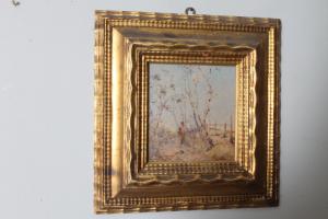 Antico dipinto di fine 800 di scuola Impressionista . Paesaggio firmato . Cornice dorata. Mis 42 x 42 