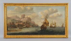 Jacob Van Der Cross (Holanda, circa 1635-1700) Vista de porto mediterrâneo com embarcações