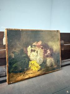 Antico piccolo dipinto ad olio su tela natura morta XIX, 29x39cm