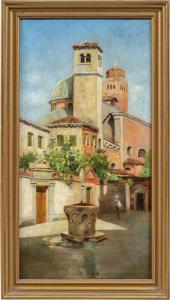 Pittore veneziano (XIX sec.) - Venezia, veduta del Campiello delle Chiovere verso la chiesa di S. Rocco e il campanile di S. Maria Gloriosa dei Frari.